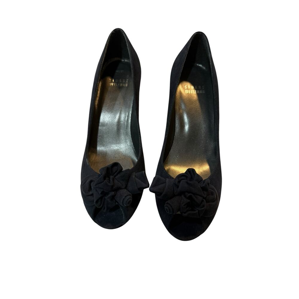Stuart Weitzman Black Suede Peep Toe Rosette Pumps Size 6 Wedding Cocktail Party